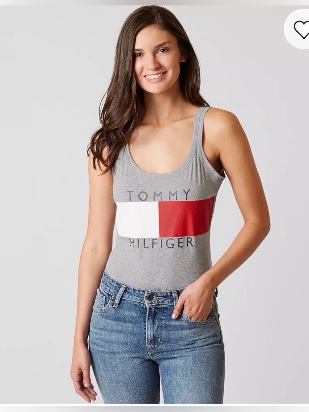 Woman’s Tommy Hilfiger graphic strappy bodysuit heather gray size Large.